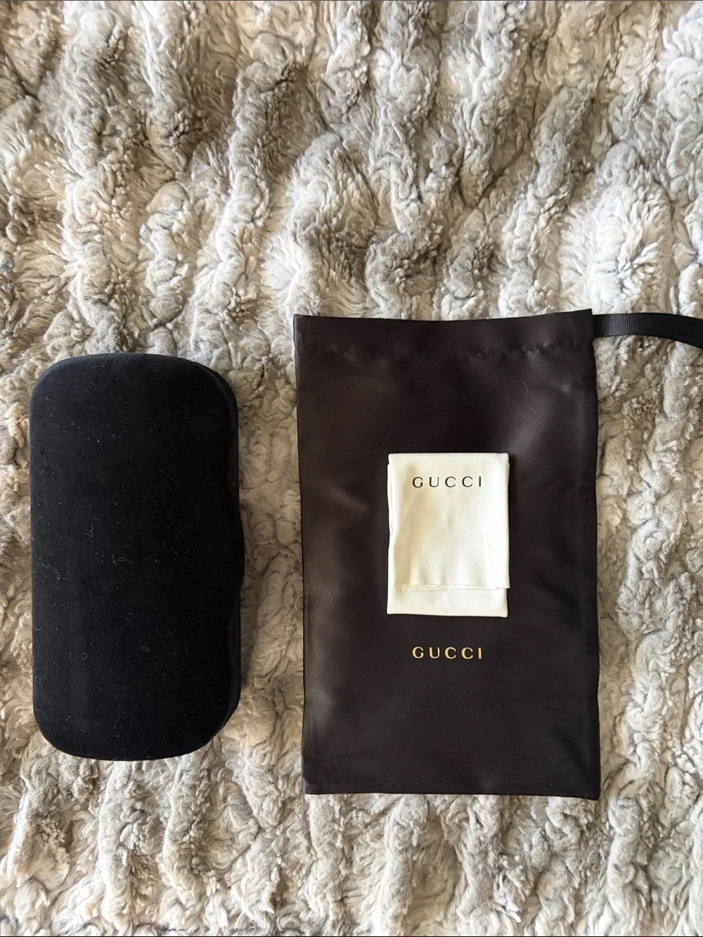 Gucci Black Hard Shell Sunglasses Case with Brown Drawstring Dust Bag